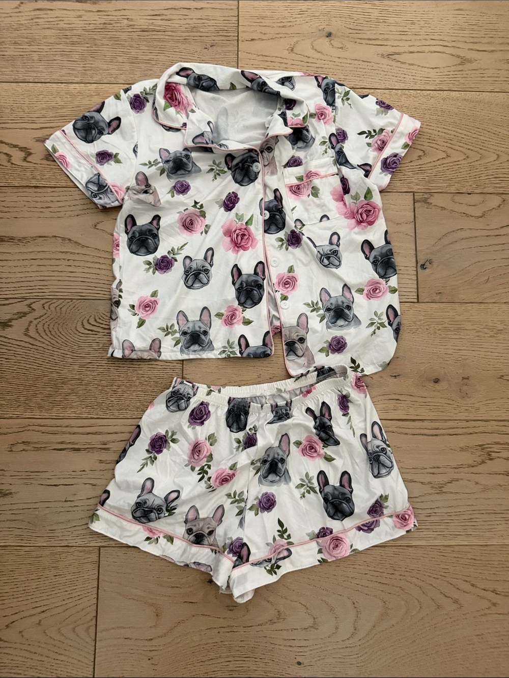 Amazon White Floral & French Bulldog Short Pajama Set Size Medium